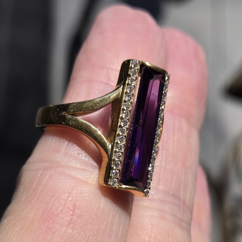 Amethyst Baguette 8k & Topaz Sterling & Gold ring Sz8 - Picture 3 of 11